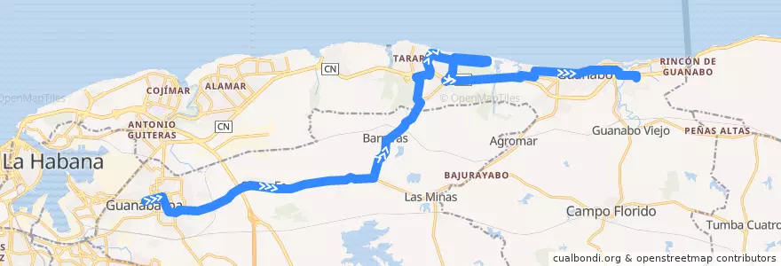 Mapa del recorrido Ruta A45 Guanabacoa => Santa María => Guanabo de la línea  en La Habana.