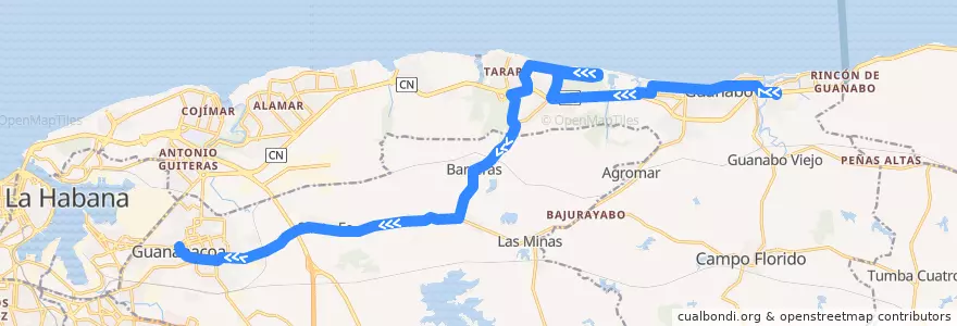 Mapa del recorrido Ruta A45 Guanabo => Santa María => Guanabacoa de la línea  en La Habana.