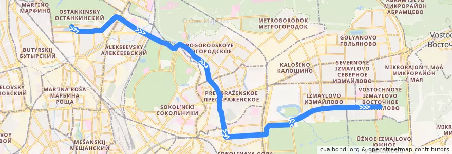 Mapa del recorrido Трамвай 11: Останкино => 16-я Парковая улица de la línea  en Moskou.