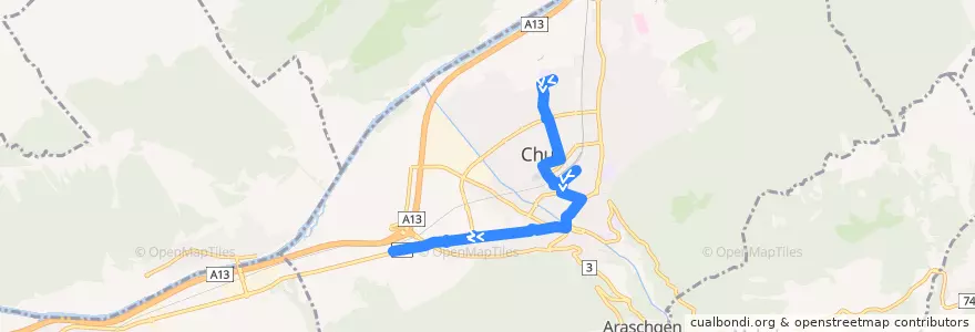 Mapa del recorrido 1: Lachen - Plankis de la línea  en Chur.
