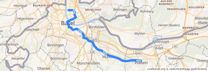 Mapa del recorrido Tram 14: Pratteln => Dreirosenbrücke de la línea  en İsviçre.