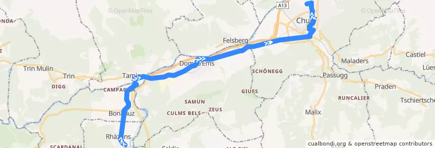 Mapa del recorrido 1: Rhäzüns - Lachen de la línea  en Graubünden/Grigioni/Grischun.
