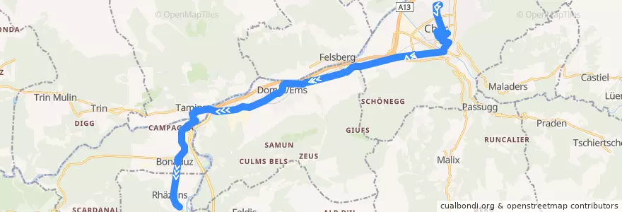 Mapa del recorrido 1: Lachen - Rhäzüns de la línea  en Graubünden/Grigioni/Grischun.