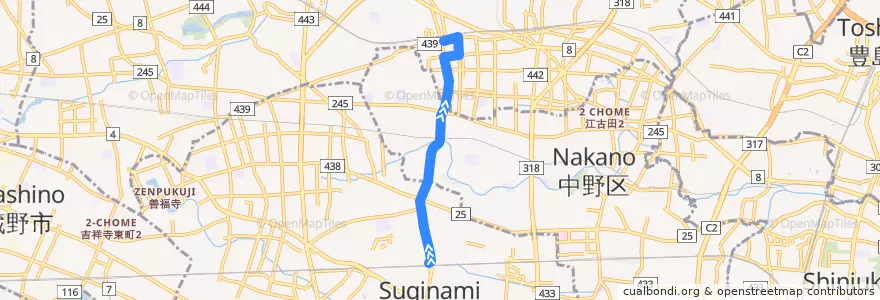 Mapa del recorrido 阿01.中村橋駅行き de la línea  en Tokio.