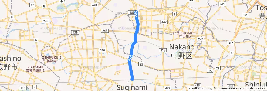Mapa del recorrido 阿01.阿佐ヶ谷駅行き de la línea  en Tokio.