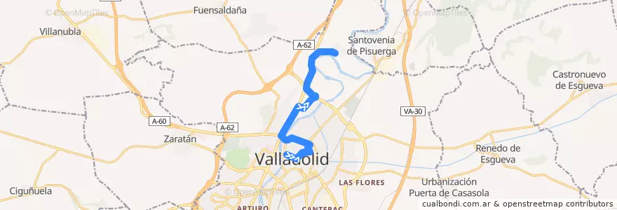 Mapa del recorrido Bus 24: Plaza Poniente => La Overuela de la línea  en Valladolid.