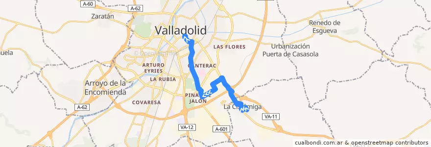 Mapa del recorrido Bus 13: La Cistérniga => Plaza España de la línea  en Valladolid.