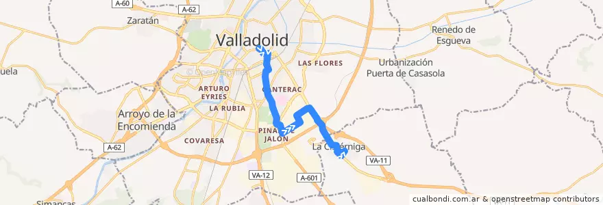 Mapa del recorrido Bus 13: Plaza España => La Cistérniga de la línea  en Valladolid.