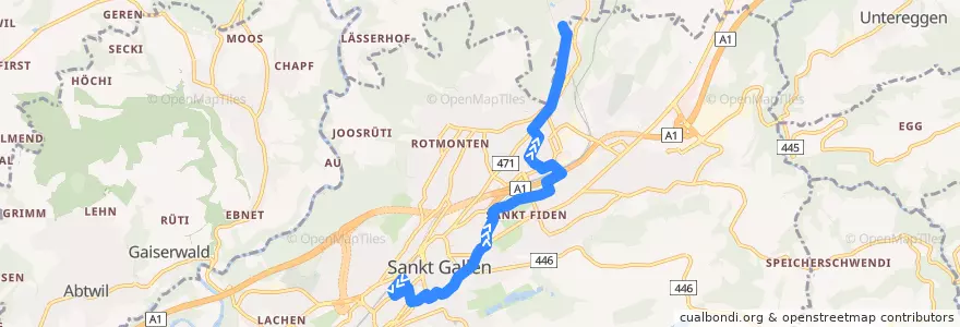 Mapa del recorrido Bus 11: St. Gallen, Bahnhof => Wittenbach, Abacus-Platz de la línea  en St. Gallen.