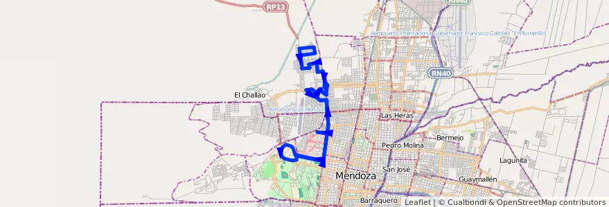 Mapa del recorrido 92 - Bº Municipal - Bº infanta - Hospital Lagomaggire - U.N.C. de la línea G07 en Мендоса.