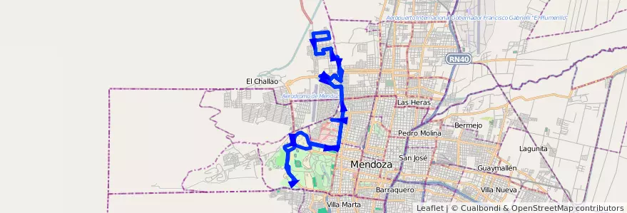 Mapa del recorrido 92 - Bº Municipal - Bº infanta - Hospital Lagomaggire - U.N.C. - Liceo Agrícola de la línea G07 en Mendoza.