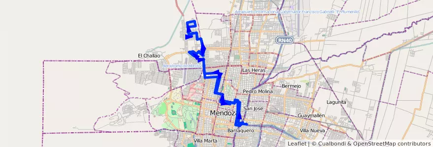 Mapa del recorrido 92 - Bº Municipal - Bº Infanta - Servicio Nocturno - Sólo días sábados de la línea G07 en Mendoza.