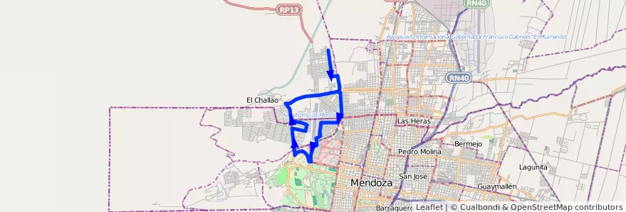Mapa del recorrido 92 - Escuela D. Parorissiens- Bº Sanidad (turno mañana)  de la línea G07 en Мендоса.