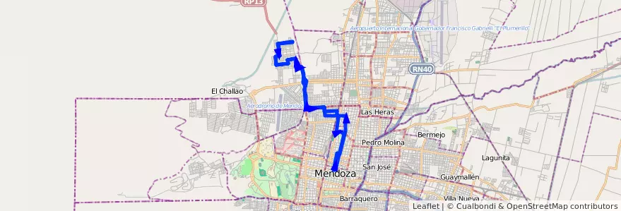 Mapa del recorrido 92 - Expreso Bº Reconquista de la línea G07 en メンドーサ州.