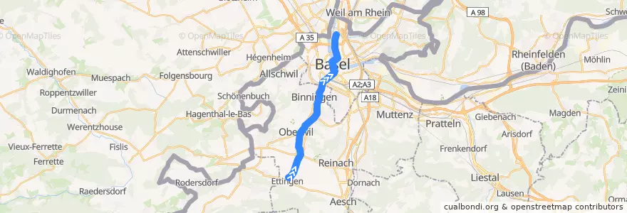 Mapa del recorrido Tram 17: Ettingen => Wiesenplatz de la línea  en İsviçre.