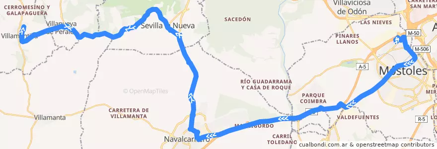Mapa del recorrido Bus 531A: Móstoles (Hospital) - Villamantilla de la línea  en بخش خودمختار مادرید.