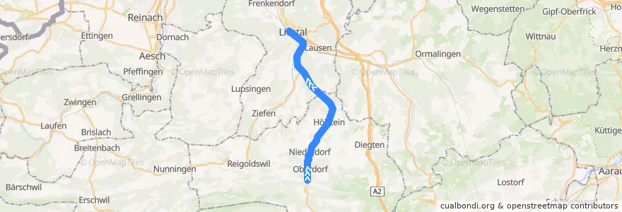 Mapa del recorrido Tram 19: Waldenburg => Liestal de la línea  en Bâle-Campagne.