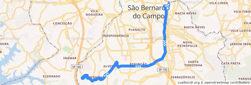 Mapa del recorrido 07E: Paço => Cooperativa (Via Estrada) de la línea  en São Bernardo do Campo.