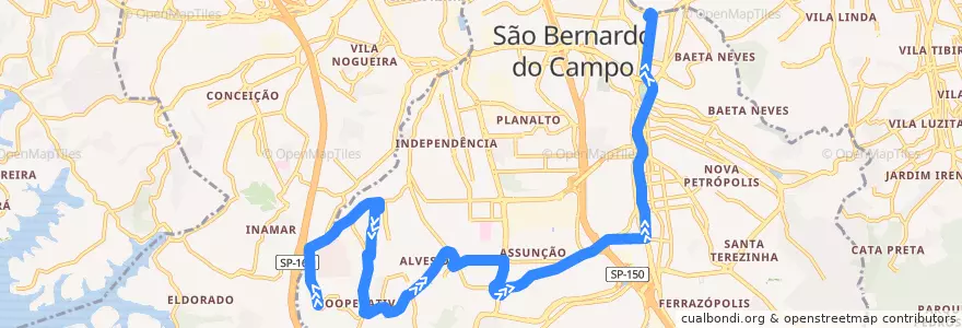 Mapa del recorrido 07E: Cooperativa => Paço (Via Estrada) de la línea  en São Bernardo do Campo.