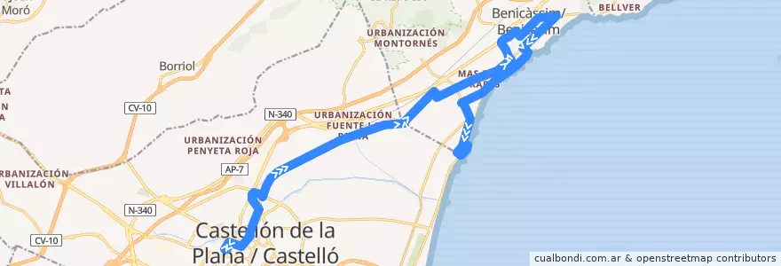 Mapa del recorrido Castellón → Benicasim por CV-149 de la línea  en la Plana Alta.