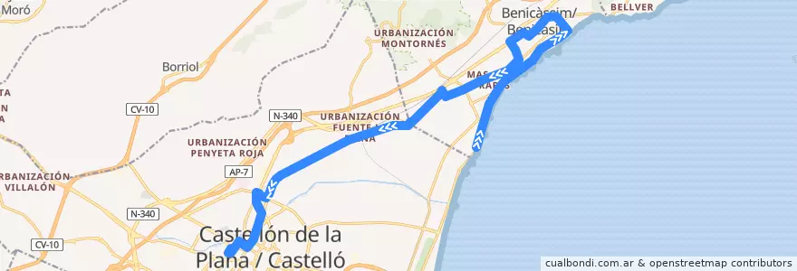 Mapa del recorrido Benicasim → Castellón por CV-149 de la línea  en la Plana Alta.