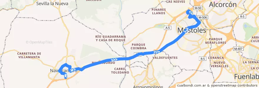 Mapa del recorrido Bus 529H: Navalcarnero - Hospital de Móstoles de la línea  en بخش خودمختار مادرید.