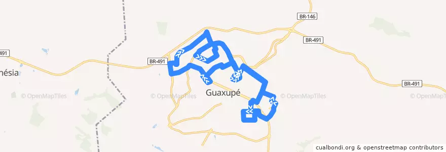 Mapa del recorrido Linha 03 de la línea  en Guaxupé.