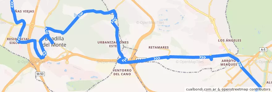 Mapa del recorrido Bus 571: Boadilla (Por Montepríncipe) - Aluche de la línea  en Área metropolitana de Madrid y Corredor del Henares.