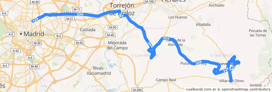 Mapa del recorrido Bus 261: Madrid (Avenida de América) → Nuevo Baztán → Villar del Olmo de la línea  en بخش خودمختار مادرید.