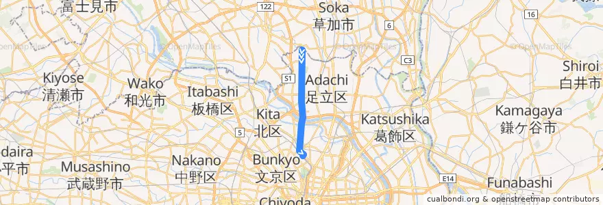 Mapa del recorrido 日暮里・舎人ライナー de la línea  en 東京都.