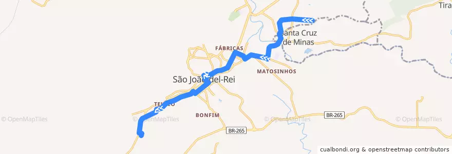 Mapa del recorrido 02 - Divisa Santa Cruz de Minas/Cidade de la línea  en São João del-Rei.