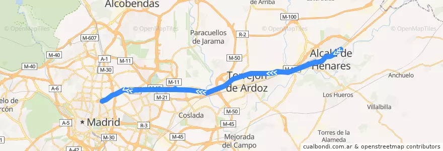 Mapa del recorrido Bus 223: Alcalá de Henares → Madrid (Avenida de América) de la línea  en Área metropolitana de Madrid y Corredor del Henares.