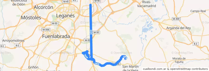 Mapa del recorrido 413 Parque de Ocio - Pinto - Madrid de la línea  en بخش خودمختار مادرید.