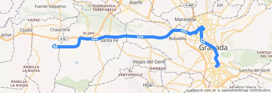 Mapa del recorrido Bus 0245: Aeropuerto → Granada de la línea  en Comarca de la Vega de Granada.