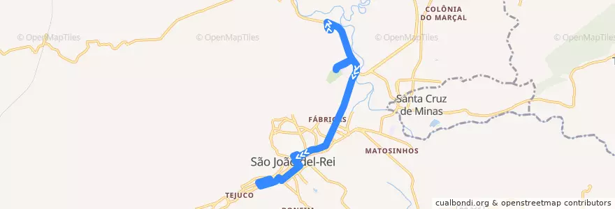 Mapa del recorrido 15 - CTAN/Biquinha de la línea  en São João del-Rei.