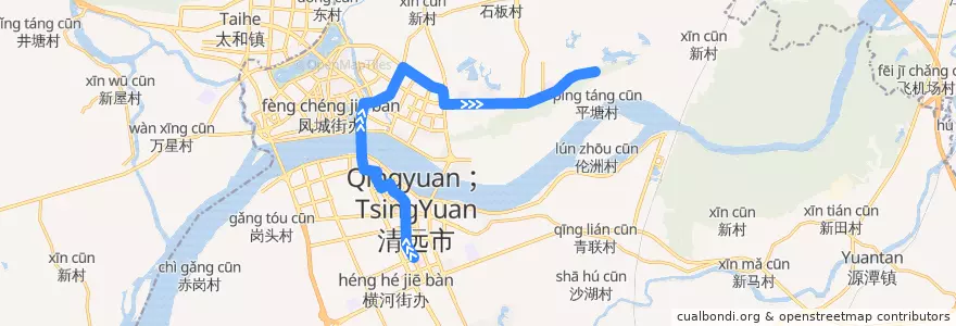 Mapa del recorrido 清远123A路公交（市人医(西)→大学城） de la línea  en Qingcheng District.