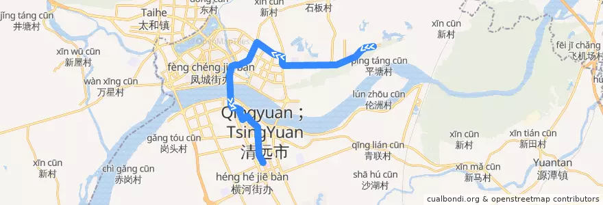 Mapa del recorrido 清远123A路公交（大学城→市人医(西)） de la línea  en 清城区 (Qingcheng).