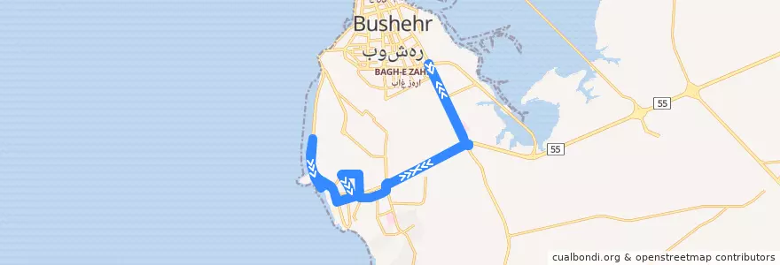 Mapa del recorrido خط بهمنی - دواس de la línea  en بوشهر.