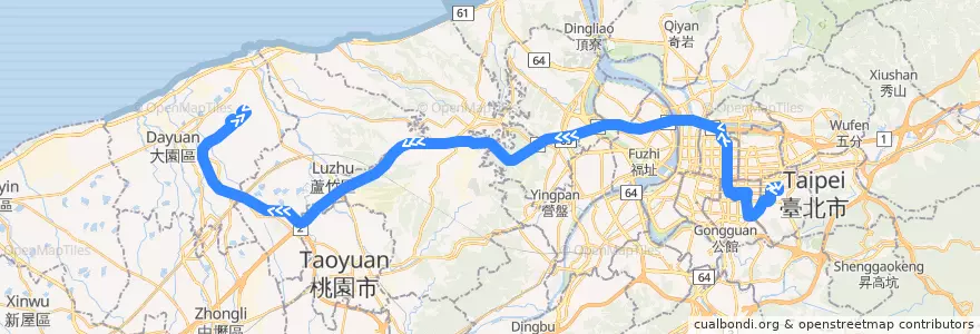 Mapa del recorrido 1960 臺北市->臺灣桃園國際機場 (往程) de la línea  en Taïwan.