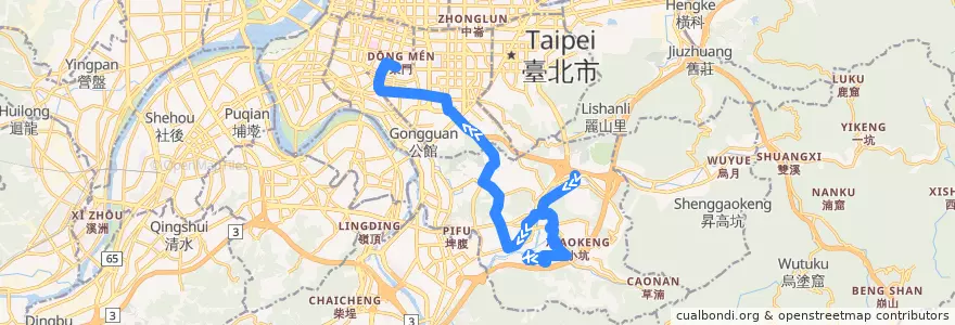 Mapa del recorrido 臺北市 237 捷運動物園-.捷運東門站 (往程經政大) de la línea  en Taipei.