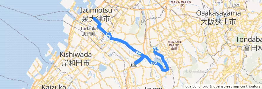 Mapa del recorrido 321V: 光明池駅-泉大津駅前 de la línea  en 大阪府.