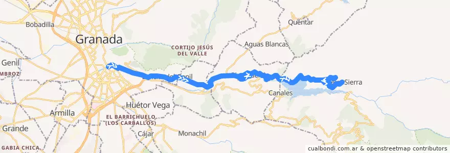 Mapa del recorrido Bus 0390: Granada → Pinos Genil → Güéjar Sierra de la línea  en Comarca de la Vega de Granada.