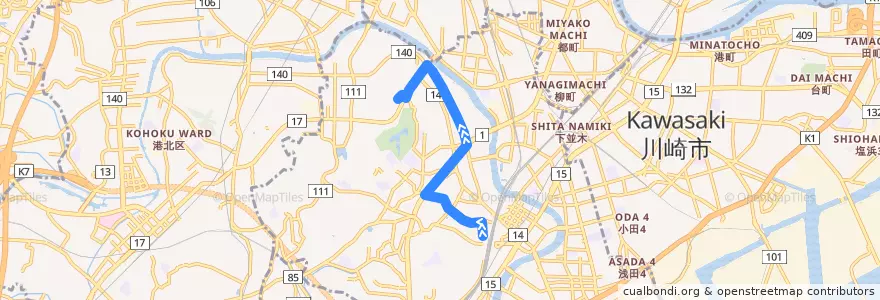 Mapa del recorrido 67系統 鶴見駅入口→梶山 de la línea  en 鶴見区.