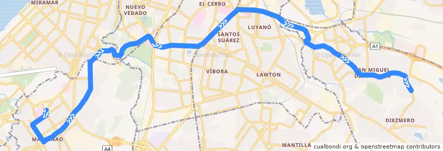 Mapa del recorrido Ruta A3 Hosp Militar - Diezmero de la línea  en Havanna.