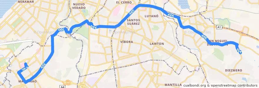 Mapa del recorrido Ruta A3 Diezmero -Hosp Militar de la línea  en La Habana.