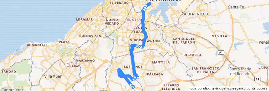 Mapa del recorrido Ruta A13 Fortuna =>Monte de la línea  en L'Avana.
