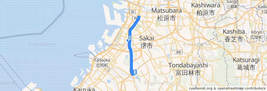 Mapa del recorrido 308: 光明池駅-堺東駅前 de la línea  en 大阪府.
