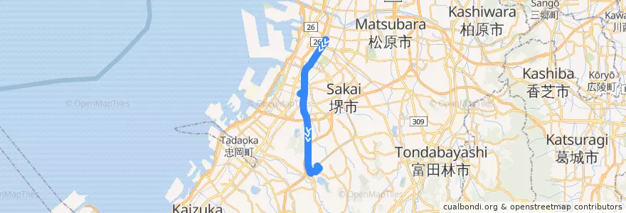 Mapa del recorrido 308: 堺東駅前-光明池駅 de la línea  en 大阪府.