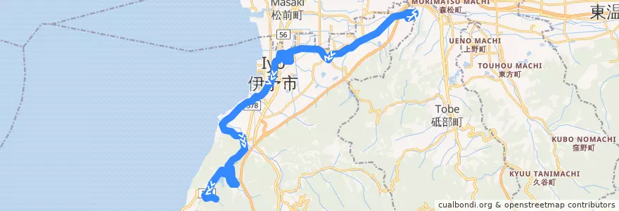 Mapa del recorrido 伊予市コミュニティバス 「あいくる」 三秋・八倉線 (伊予病院 - 保健センター - 端奥) de la línea  en 伊予市.