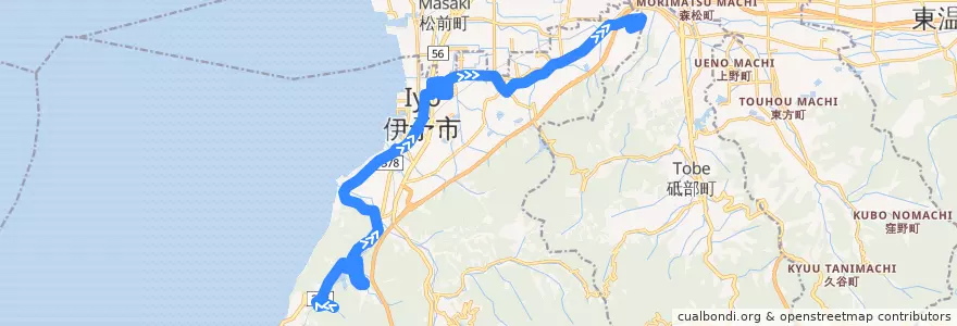Mapa del recorrido 伊予市コミュニティバス 「あいくる」 三秋・八倉線 (端奥 - 保健センター - 伊予病院) de la línea  en 伊予市.